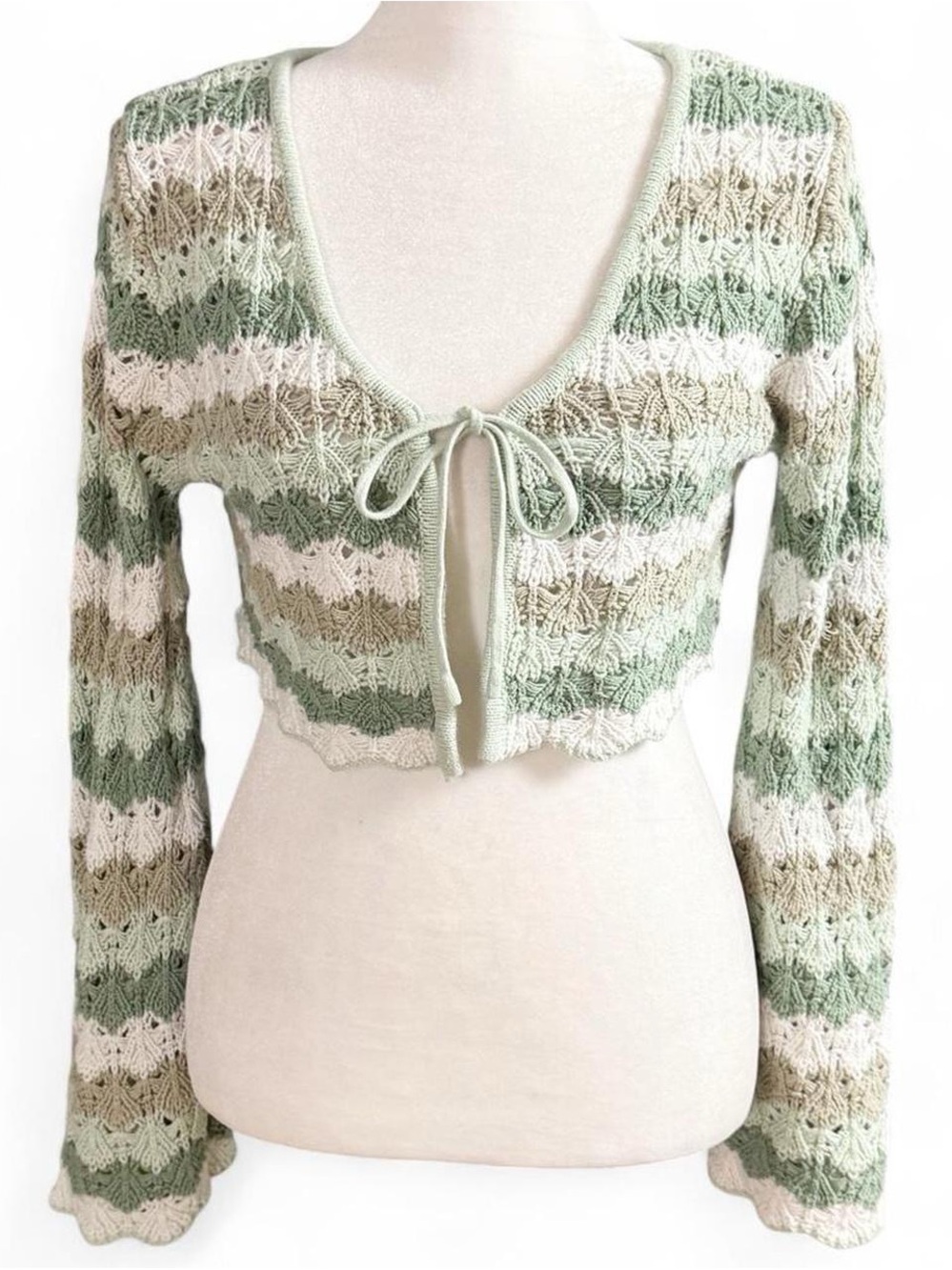 Love Knits Cropped Tie Front Cardigan Sweater XS Green White Boho